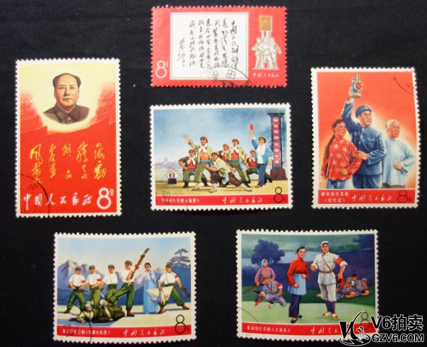 Lot95-177: 文11 風(fēng)雷，海港，紅燈記，白虎團(tuán)，沙家浜各一枚 蓋戳 后膠微黃 中上品